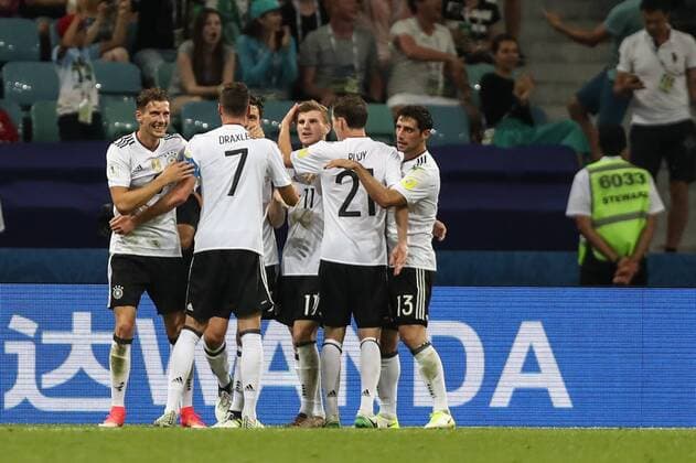 (170630) -- SOCHI, June 30, 2017 -- Players of Germany celebrate Timo Werne s (R3) goal during the semifinal match of the 2017 FIFA Confederations Cup against Mexico in Sochi, Russia, June 29, 2017. Germany won 4-1. ) (SP)RUSSIA-SOCHI-2017 FIFA CONFEDERATIONS CUP-SEMIFINAL-GER VS MEX WuxZhuang 