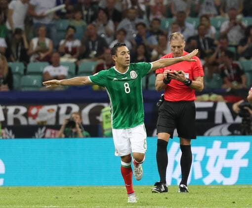 (170630) -- SOCHI, June 30, 2017 -- Marco Fabian (L) of Mexico celebrates his goal during the semifinal match of the 2017 FIFA Confederations Cup against Germany in Sochi, Russia, June 29, 2017. Mexico lost 1-4. ) (SP)RUSSIA-SOCHI-2017 FIFA CONFEDERATIONS CUP-SEMIFINAL-GER VS MEX XuxZijian 