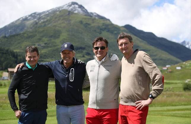 GOLF - Swiss Ski Golf Trophy ANDERMATT,SWITZERLAND,30.JUN.17 - GOLF - Swiss Ski Golf Trophy, Swiss Alps Golf Course. Image shows Franz Julen, Bernhard Russi, Urs Lehmann and Urs Wietlisbach. GEPAxpictures xAndreasxPranter