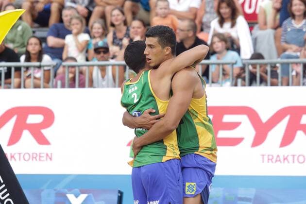 Volleyball Major POL vs BRA - Porec, Croatia 30.06.2017., Porec, Croatia - Swatch Beach volleyball Beachvolleyball Major Series. Alvaro Filho Saymon Barbosa (Brazil) i Jakub Szalankiewi Maciej Rudol (Poland).  LukaxStanzl PIXSELL