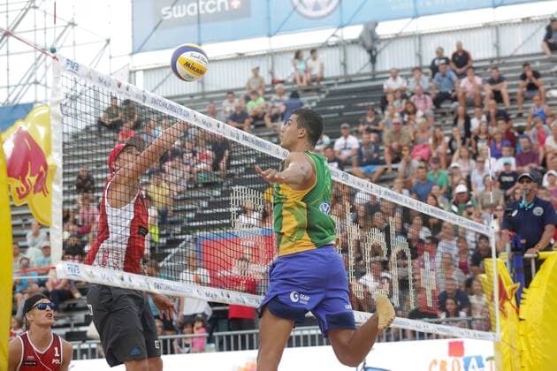 Volleyball Major POL vs BRA - Porec, Croatia 30.06.2017., Porec, Croatia - Swatch Beach volleyball Beachvolleyball Major Series. Alvaro Filho Saymon Barbosa (Brazil) i Jakub Szalankiewi Maciej Rudol (Poland).  LukaxStanzl PIXSELL