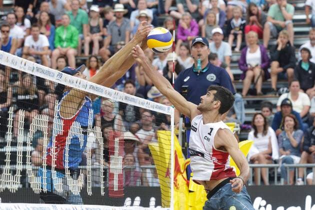 Volleyball Major USA vs CHI - Porec, Croatia 30.06.2017., Porec, Croatia - Swatch Beach volleyball Beachvolleyball Major Series. Phil Dalhausser Nick Lucena (USA) - Marco Grimalt Esteban Grimalt (Chile).  LukaxStanzl PIXSELL