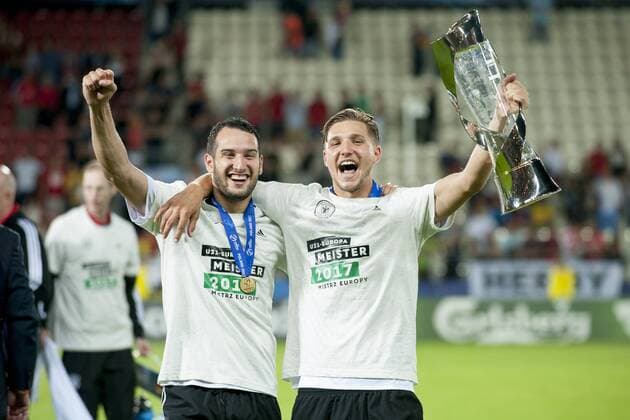 July 1, 2017 - Krakow, Poland - Levin Oztunali and Niklas Stark of Germany celebrate victory during the UEFA European Under-21 Championship Final match between Germany and Spain at Krakow Stadium in Krakow, Poland on June 30, 2017 Germany v Spain - 2017 UEFA European Under-21 Championship Final  - ZUMAn230 20170701_zaa_n230_024 Copyright: xAndrewxSurmax