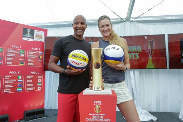 Bilder des Tages - SPORT The FIVB Beach volleyball Beachvolleyball World Championships Vienna 2017 Drawing of Lots 01.07.2017., Croatia, Porec - The FIVB Beach Volleyball World Championships Vienna 2017 Drawing of Lots took placee place during the Porec Major series event. Dain Blanton, Kerri Walsh Jennings.  LukaxStanzl PIXSELL