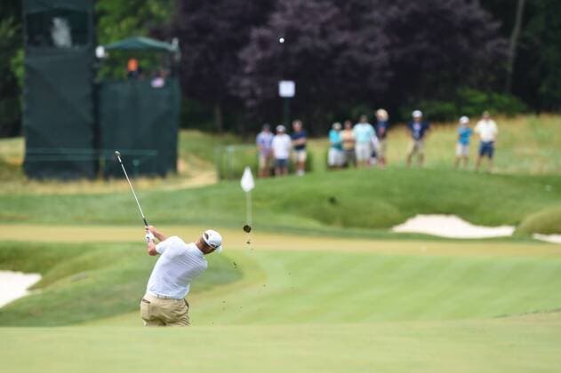 JUL 01, 2017 - Shawn Stefani (USA) hits his approach shot on number eight during the third round at the 2017 Quicken Loans National at the Tournament Players Club in Potomac MD. PGA Golf Herren 2017: Quicken Loans National JUL 01 - ZUMAcjm_ 20170701_zaf_cjm_011 Copyright: xJohnxMiddlebrookx