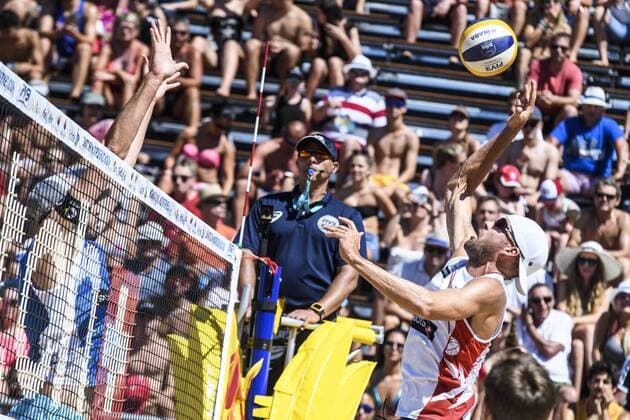 POREC, CROATIA - JULY 01: Jake Gibb of USA spikes the ball during the Quarter Final against Paolo Nicolai and Daniele Lupo of Itay during the Swatch Beach volleyball Beachvolleyball Major Series 2017 on July 1, 2017 in Porec, Croatia. (Photo by Mihai Stetcu Hoch Zwei) Porec Croatia xHOCHxZWEIx