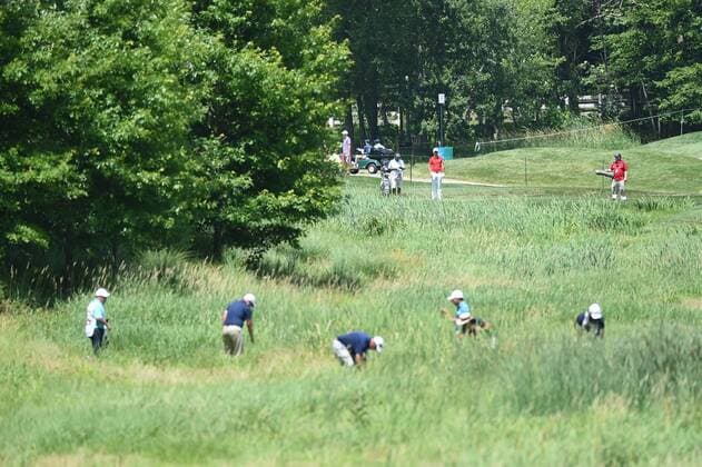 JUL 01, 2017 - Marshalls search for Nick Taylor s ball in the swamp to the right of the sixth fairway as Taylor stands on the tee box waiting during the third round at the 2017 Quicken Loans National at the Tournament Players Club in Potomac MD. PGA Golf Herren 2017: Quicken Loans National JUL 01 - ZUMAcjm_ 20170701_zaf_cjm_027 Copyright: xJohnxMiddlebrookx