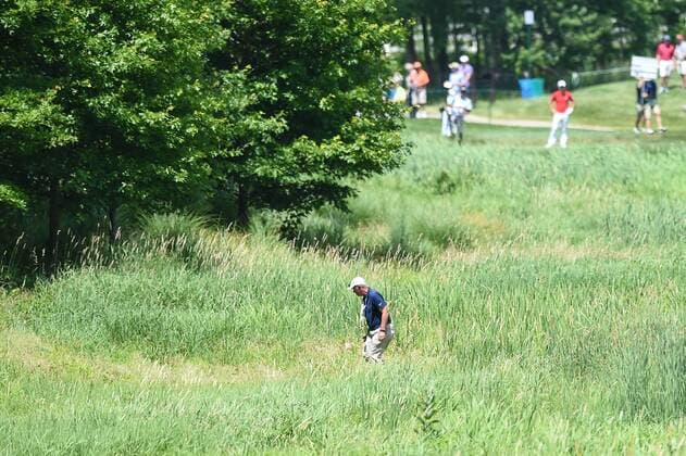 Bilder des Tages - SPORT JUL 01, 2017 - A marshall searches for Nick Taylor s ball in the swamp to the right of the sixth fairway as Taylor stands on the tee box waiting during the third round at the 2017 Quicken Loans National at the Tournament Players Club in Potomac MD. PGA Golf Herren 2017: Quicken Loans National JUL 01 - ZUMAcjm_ 20170701_zaf_cjm_036 Copyright: xJohnxMiddlebrookx