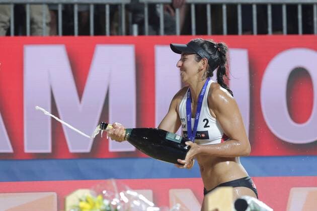 Beach volleyball Beachvolleyball Major Series - Women final - Women Medal ceremony - 01.07.2017., Croatia, Porec - Medal ceremony at Volleyball Tournament Swatch Beach Volleyball Major Series. Canadian player Melissa Humana-Paredes celebrate first first place.  LukaxStanzl PIXSELL