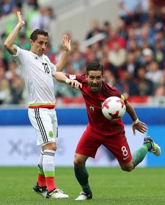MOSCOW, RUSSIA â€“ JULY 2, 2017: Mexicoâ€™s Andres Guardado (L) and Portugalâ€™s Joao Moutinho struggle for the ball in their 2017 FIFA Confederations Cup third place football match at Otkrytie Arena. Sergei Savostyanov TASS  TS055C4A