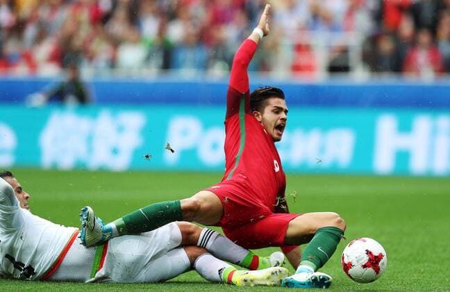 MOSCOW, RUSSIA â€“ JULY 2, 2017: Mexicoâ€™s Rafael Marquez (L) and Portugalâ€™s Andre Silva struggle for the ball in their 2017 FIFA Confederations Cup third place football match at Otkrytie Arena. Sergei Savostyanov TASS  TS055C52