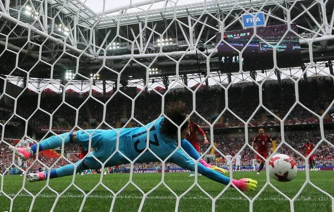 MOSCOW, RUSSIA â€“ JULY 2, 2017: Mexicoâ€™s goalkeeper Guillermo Ochoa makes a save in their 2017 FIFA Confederations Cup third place football match against Portugal at Otkrytie Arena. Sergei Savostyanov TASS  TS055C61