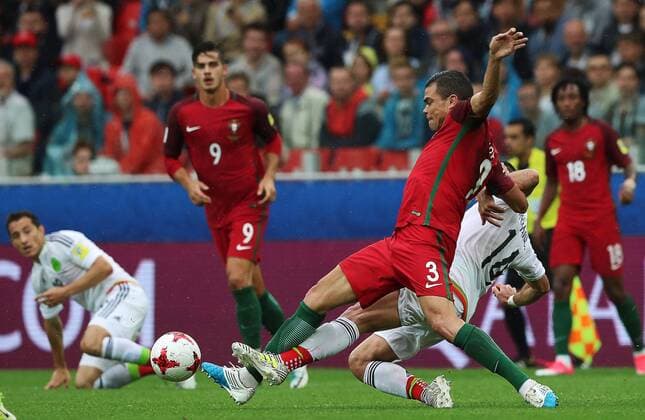 MOSCOW, RUSSIA â€“ JULY 2, 2017: Mexicoâ€™s Javier Hernandez and Portugalâ€™s Pepe (R-L front) struggle for the ball in their 2017 FIFA Confederations Cup third place football match at Otkrytie Arena. Sergei Savostyanov TASS  TS055C76