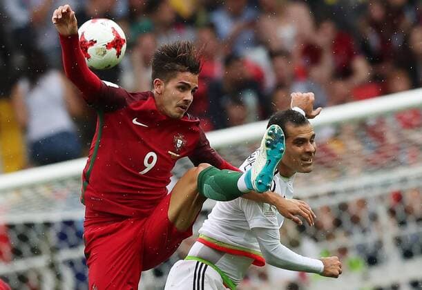 MOSCOW, RUSSIA â€“ JULY 2, 2017: Portugalâ€™s Andre Silva (L) and Mexicoâ€™s Rafael Marquez struggle for the ball in their 2017 FIFA Confederations Cup third place football match at Otkrytie Arena. Sergei Savostyanov TASS  TS055C77