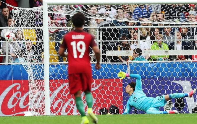 MOSCOW, RUSSIA â€“ JULY 2, 2017: Mexicoâ€™s goalkeeper Guillermo Ochoa (back) concedes a goal in their 2017 FIFA Confederations Cup third place football match against Portugal at Otkrytie Arena. Sergei Savostyanov TASS  TS055C83