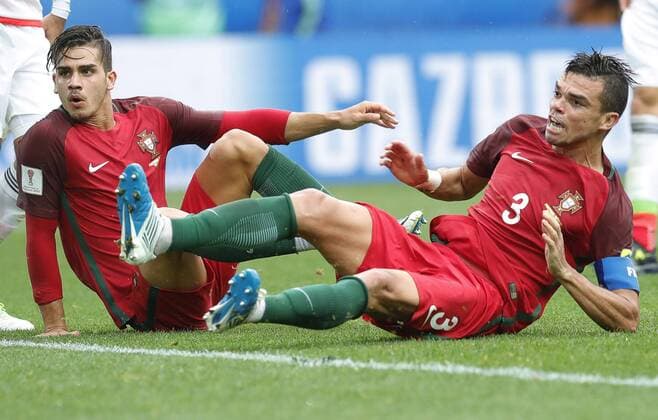 MOSCOW, RUSSIA â€“ JULY 2, 2017: Portugalâ€™s Andre Silva (L) and Pepe in their 2017 FIFA Confederations Cup third place football match against Mexico at Otkrytie Arena. Mikhail Japaridze TASS  TS055C85
