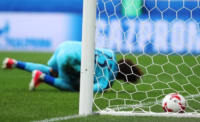 MOSCOW, RUSSIA â€“ JULY 2, 2017: Mexicoâ€™s goalkeeper Guillermo Ochoa concedes a goal in their 2017 FIFA Confederations Cup third place football match against Portugal at Otkrytie Arena. Sergei Savostyanov TASS  TS055C94