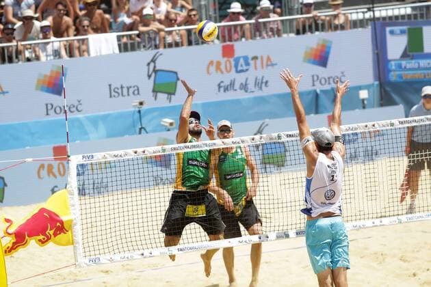 Beach volleyball Beachvolleyball Major Series - Men semifinal - Nicolai Lupo vs Cerutti Bruno Schmidt 02.07.2017., Porec, Croatia - Volleyball Tournament Swatch Beach Volleyball Major Series. The Men semifinal match between Paolo Nicolai and Daniele Lupo of Italy against Alison Cerutti and Bruno Oscar Schmidt of Brazill. Nicolai and Lupo won 2:1. Bruno Oscar Schmidt, Alison Cerutti.  LukaxStanzl PIXSELL