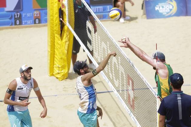 Beach volleyball Beachvolleyball Major Series - Men semifinal - Nicolai Lupo vs Cerutti Bruno Schmidt 02.07.2017., Porec, Croatia - Volleyball Tournament Swatch Beach Volleyball Major Series. The Men semifinal match between Paolo Nicolai and Daniele Lupo of Italy against Alison Cerutti and Bruno Oscar Schmidt of Brazill. Nicolai and Lupo won 2:1. Paolo Nicolai, Daniele Lupo, Alison Cerutti.  LukaxStanzl PIXSELL