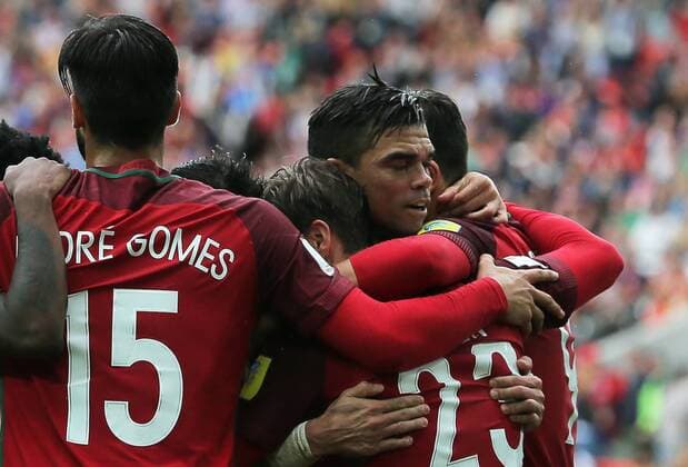 MOSCOW, RUSSIA â€“ JULY 2, 2017: Portugal s players celebrate winning their 2017 FIFA Confederations Cup third place football match against Mexico at Spartak Stadium. Portugal won the game 2-1 in extra time and claimed bronze medals. Sergei Savostyanov TASS  TS055CA0