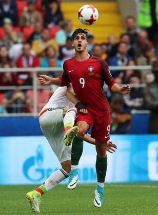MOSCOW, RUSSIA â€“ JULY 2, 2017: Portugal s Andre Silva jumps to head the ball in their 2017 FIFA Confederations Cup third place football match against Mexico at Spartak Stadium. Portugal won the game 2-1 in extra time and claimed bronze medals. Sergei Savostyanov TASS  TS055CB4
