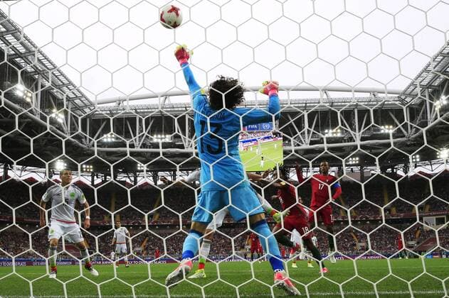 MOSCOW, RUSSIA â€“ JULY 2, 2017: Mexico s goalkeeper Guillermo Ochoa reaching for the ball in their 2017 FIFA Confederations Cup third place football match against Portugal at Spartak Stadium. Portugal won the game 2-1 in extra time and claimed bronze medals. Mikhail Japaridze TASS  TS055CB7