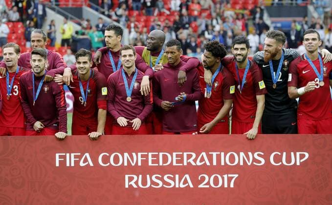 MOSCOW, RUSSIA â€“ JULY 2, 2017: Portugal s players pose with their bronze medals at an awards ceremony after winning their 2017 FIFA Confederations Cup third place football match against Mexico at Spartak Stadium. Portugal won the game 2-1 in extra time and claimed bronze medals. Mikhail Japaridze TASS  TS055CAD