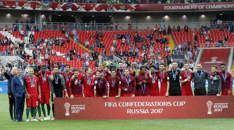 MOSCOW, RUSSIA â€“ JULY 2, 2017: Portugal s players pose with their bronze medals at an awards ceremony after winning their 2017 FIFA Confederations Cup third place football match against Mexico at Spartak Stadium. Portugal won the game 2-1 in extra time and claimed bronze medals. Mikhail Japaridze TASS  TS055CAE