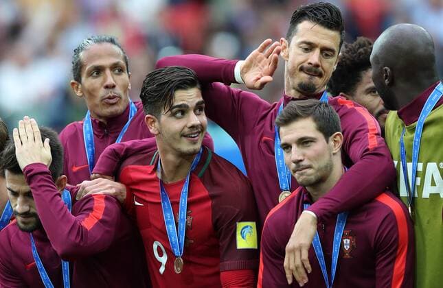 MOSCOW, RUSSIA â€“ JULY 2, 2017: Portugal s players pose with their bronze medals at an awards ceremony after winning their 2017 FIFA Confederations Cup third place football match against Mexico at Spartak Stadium. Portugal won the game 2-1 in extra time and claimed bronze medals. Sergei Savostyanov TASS  TS055CBA