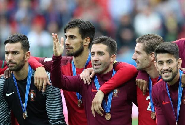 MOSCOW, RUSSIA â€“ JULY 2, 2017: Portugal s players pose with their bronze medals at an awards ceremony after winning their 2017 FIFA Confederations Cup third place football match against Mexico at Spartak Stadium. Portugal won the game 2-1 in extra time and claimed bronze medals. Sergei Savostyanov TASS  TS055CBB
