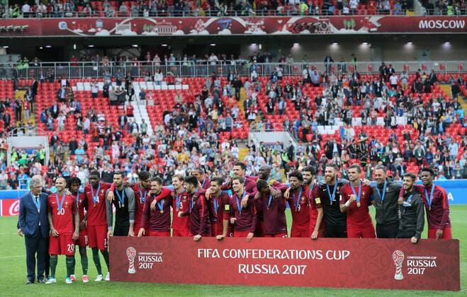 MOSCOW, RUSSIA â€“ JULY 2, 2017: Portugal s players pose with their bronze medals at an awards ceremony after winning their 2017 FIFA Confederations Cup third place football match against Mexico at Spartak Stadium. Portugal won the game 2-1 in extra time and claimed bronze medals. Sergei Savostyanov TASS  TS055CBE