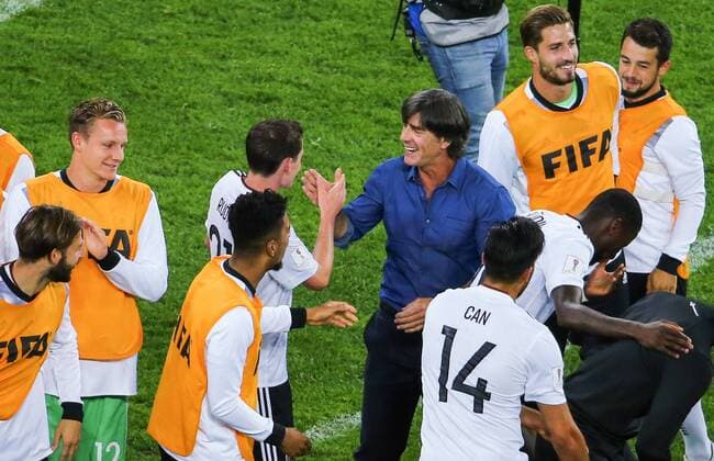 ST PETERSBURG, RUSSIA â€“ JULY 2, 2017: Germany s head coach Joachim Loew (C) and his players celebrate winning their 2017 FIFA Confederations Cup final football match against Chile at Saint Petersburg Arena Stadium. Germany won the game 1-0 and claimed their first Confederations Cup title. Peter Kovalev TASS  TS055E1B