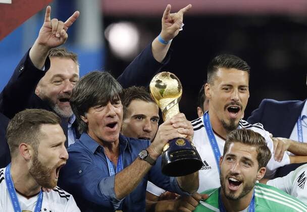 Chile vs Germany SÃO PETERSBURGO, MO - 02.07.2017: CHILE VS GERMANY - Germany coach Joachim LOW of Germany raises the 2017 Confederations Cup Champion& 39;s after ter his game against Chile on Sunday at the Krestovsky Stadium in St Peterg, Russia. (Photo: Rodolfo Bfo Buhrer La Imagem Fotoarena) x1349227x  RodolfoxBuhrer