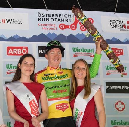 03.07.2017, Wien, AUT,OE-Tour, Oesterreich Radrundfahrt 2017, 1. Etappe von Graz nach Wien (193,9 km), Siegerehrung, im Bild Sep Vanmarcke (BEL, Cannondale-Drapac Pro Cycling Team) im gelben Trikot Sep Vanmarcke (BEL Cannondale-Drapac Pro Cycling Team) of Belgium in the yellow jersey during winner ceremony for the 1st stage from Graz to Vienna (193,9 km) of 2017 Tour of Austria. Wien, Austria on 2017 07 03. Wien EX_REI