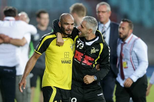Mario Mutsch (Niederkorn 19) jubelt, freut sich, Jubel, Freude mit Emmanuel Francoise (Niederkorn 14) 04.07.2017 Fussball Europa League Qualifikation, 1. Runde, Saison 2017-2018 04.07.2017 LUX, ELQ, FC Progres Niederkorn (LUX) - Glasgow Rangers FC (SCO) Stade Josy Barthel, Luxemburg 