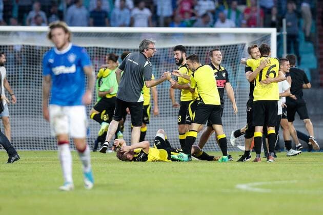 Bilder des Tages - SPORT Fussball UEFA Europa League, Europa-Ligue, Europa League 2017 - 2018 04.07.2017, UEFA Europa League 2017-2018, Qualification First Round, Second Game, Return Game, Luxemburg, Stade Josy Barthel, Progres Niederkorn, Proges Niederkorn (LUX) - Rangers FC, Glasgow Rangers (SCO) vl: Jubel Niederkorn 
