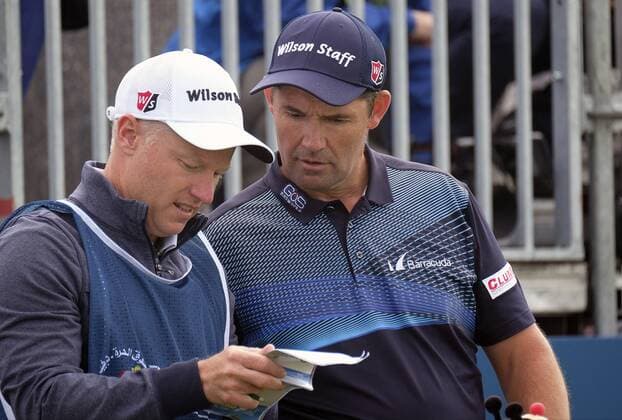 July 5th 2017, Portstewart Golf Club, Portstewart, Northern Ireland; Dubai Duty Free Irish Open Golf Championship; Pro-Am Tournament; Padraig Harrington (IRL) discuses the first hole with his caddie before starting his round xNigelxCookex  ActionPlus11897930
