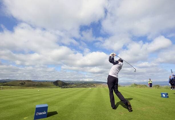 July 5th 2017, Portstewart Golf Club, Portstewart, Northern Ireland; Dubai Duty Free Irish Open Golf Championship; Pro-Am Tournament; Michael Hoey (NIR) plays his shot from the 1st tee xNigelxCookex  ActionPlus11897935