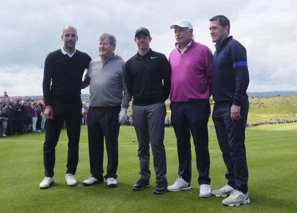 July 5th 2017, Portstewart Golf Club, Portstewart, Northern Ireland; Dubai Duty Free Irish Open Golf Championship; Pro-Am Tournament; The Rory Mcllroy (NIR) team consisting of Pep Guardiola (far left) and AP McCoy (far right) xNigelxCookex  ActionPlus11897945