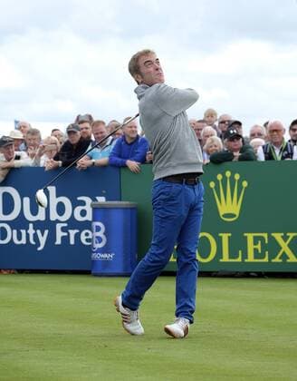 July 5th 2017, Portstewart Golf Club, Portstewart, Northern Ireland; Dubai Duty Free Irish Open Golf Championship; Pro-Am Tournament; Actor James Nesbitt plays his first tee shot xNigelxCookex  ActionPlus11897960