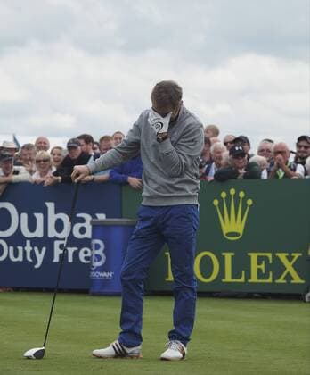July 5th 2017, Portstewart Golf Club, Portstewart, Northern Ireland; Dubai Duty Free Irish Open Golf Championship; Pro-Am Tournament; With his head in his hands actor James Nesbitt reacts to his opening tee shot xNigelxCookex  ActionPlus11897961