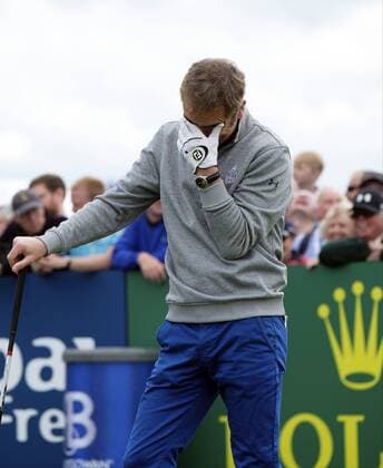 July 5th 2017, Portstewart Golf Club, Portstewart, Northern Ireland; Dubai Duty Free Irish Open Golf Championship; Pro-Am Tournament; With his head in his hands actor James Nesbitt reacts to his opening tee shot xNigelxCookex  ActionPlus11897962