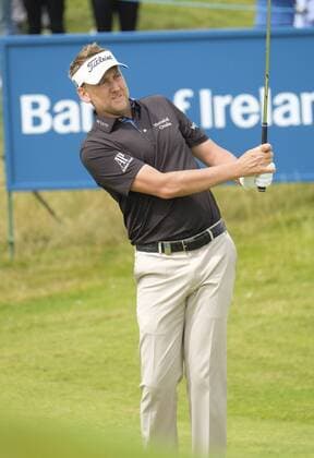 July 5th 2017, Portstewart Golf Club, Portstewart, Northern Ireland; Dubai Duty Free Irish Open Golf Championship; Pro-Am Tournament; Ian Poulter (ENG) watches as his approach shot drops on the 9th green xNigelxCookex  ActionPlus11898002