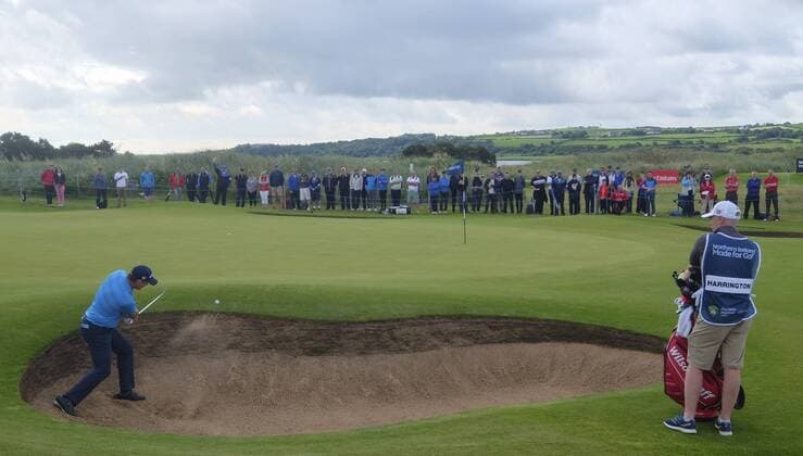 July 6th 2017, Portstewart Golf Club, Portstewart, Northern Ireland; Dubai Duty Free Irish Open Golf Championship; Day 1; Padraig Harrington (IRL) chips out from the bunker onto the green xNigelxCookex  ActionPlus11898269