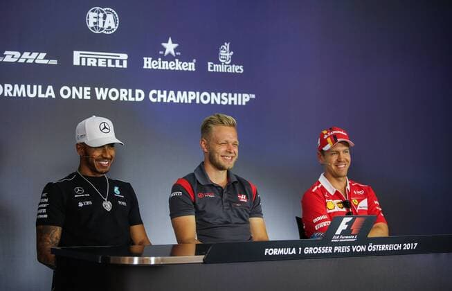 FORMULA 1 - GP of Austria 2017 SPIELBERG,AUSTRIA,06.JUL.17 - MOTORSPORTS, FORMULA 1 - Grand Prix of Austria, Red Bull Ring, press conference PK Pressekonferenz Image shows Lewis Hamilton (GBR Mercedes), Kevin Magnussen (DEN Haas) and Sebastian Vettel (GER Ferrari). GEPAxpictures xDanielxGoetzhaber