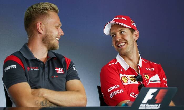 FORMULA 1 - GP of Austria 2017 SPIELBERG,AUSTRIA,06.JUL.17 - MOTORSPORTS, FORMULA 1 - Grand Prix of Austria, Red Bull Ring, press conference PK Pressekonferenz Image shows Kevin Magnussen (DEN Haas) and Sebastian Vettel (GER Ferrari). GEPAxpictures xDanielxGoetzhaber
