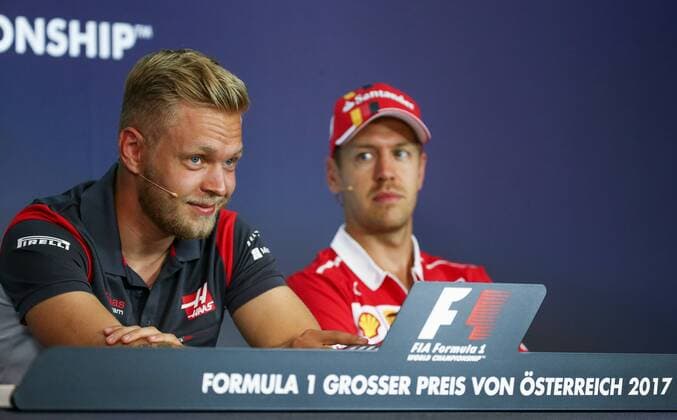 FORMULA 1 - GP of Austria 2017 SPIELBERG,AUSTRIA,06.JUL.17 - MOTORSPORTS, FORMULA 1 - Grand Prix of Austria, Red Bull Ring, press conference PK Pressekonferenz Image shows Kevin Magnussen (DEN Haas) and Sebastian Vettel (GER Ferrari). GEPAxpictures xDanielxGoetzhaber