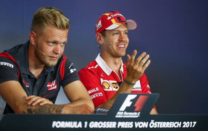 FORMULA 1 - GP of Austria 2017 SPIELBERG,AUSTRIA,06.JUL.17 - MOTORSPORTS, FORMULA 1 - Grand Prix of Austria, Red Bull Ring, press conference PK Pressekonferenz Image shows Kevin Magnussen (DEN Haas) and Sebastian Vettel (GER Ferrari). GEPAxpictures xDanielxGoetzhaber