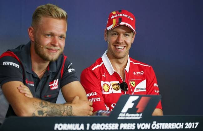 FORMULA 1 - GP of Austria 2017 SPIELBERG,AUSTRIA,06.JUL.17 - MOTORSPORTS, FORMULA 1 - Grand Prix of Austria, Red Bull Ring, press conference PK Pressekonferenz Image shows Kevin Magnussen (DEN Haas) and Sebastian Vettel (GER Ferrari). GEPAxpictures xDanielxGoetzhaber