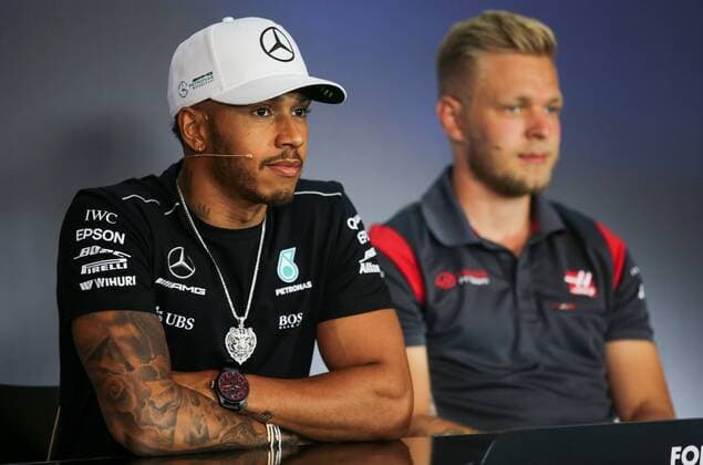 FORMULA 1 - GP of Austria 2017 SPIELBERG,AUSTRIA,06.JUL.17 - MOTORSPORTS, FORMULA 1 - Grand Prix of Austria, Red Bull Ring, press conference PK Pressekonferenz Image shows Lewis Hamilton (GBR Mercedes) and Kevin Magnussen (DEN Haas). GEPAxpictures xDanielxGoetzhaber